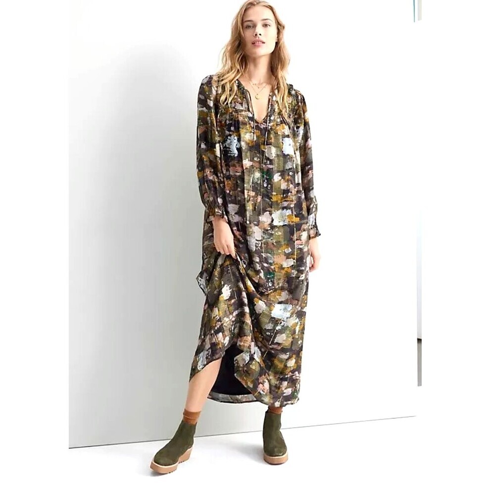 Anthropologie Blair Shimmer Gold Metallic Long Sleeve Boho Maxi Kaftan Dress XS